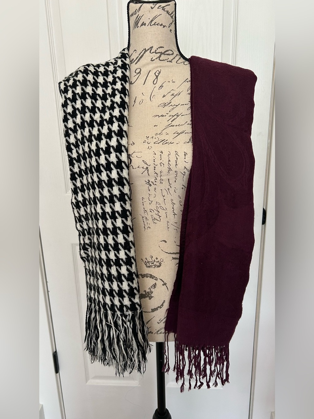 2 scarf Women Accessories Plum with fringe and black and white patterned